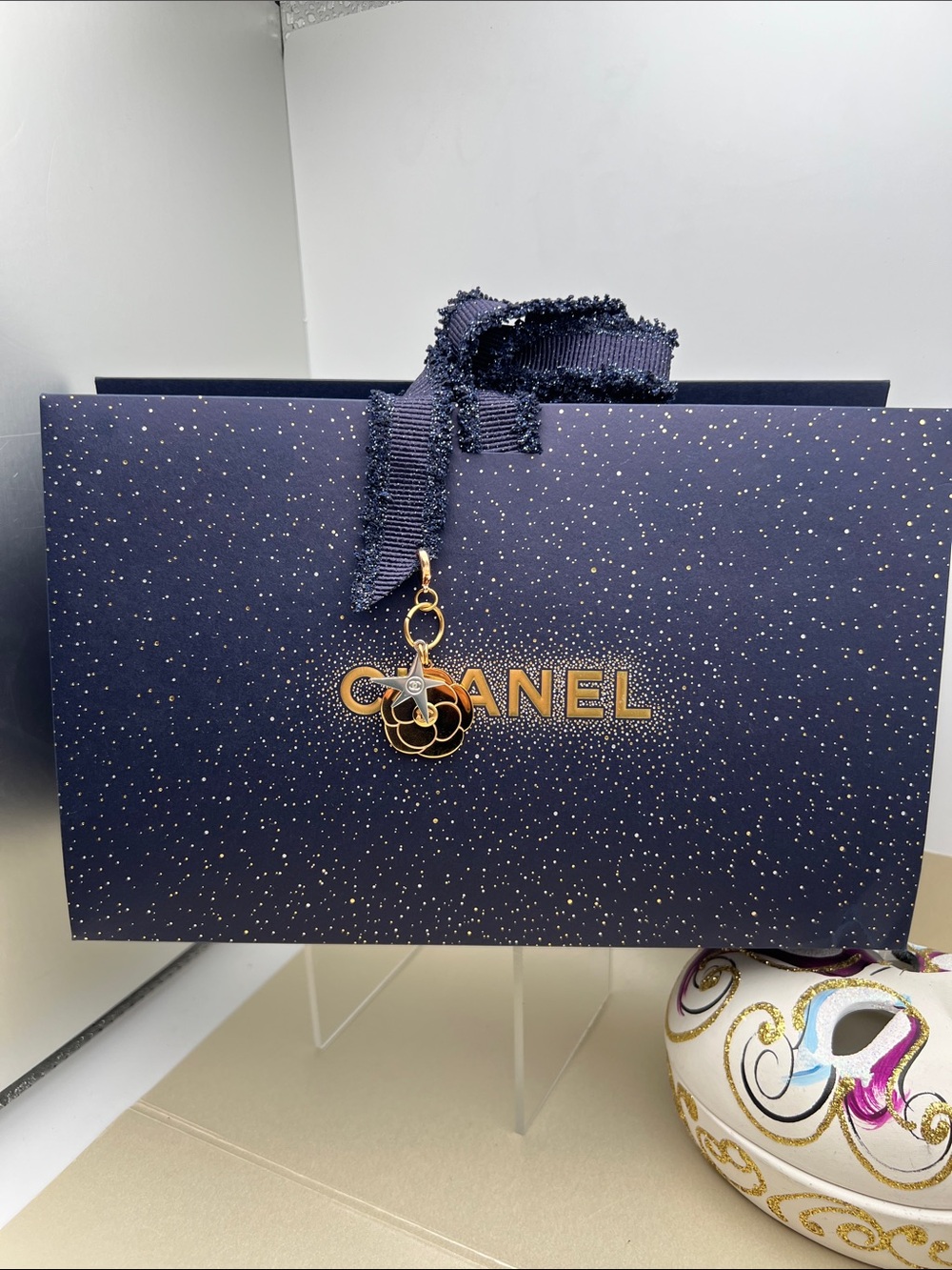 Chanel Limited Edition Gift Bag with Comet/Camilla Charm CC, Ribbons,Shred Paper